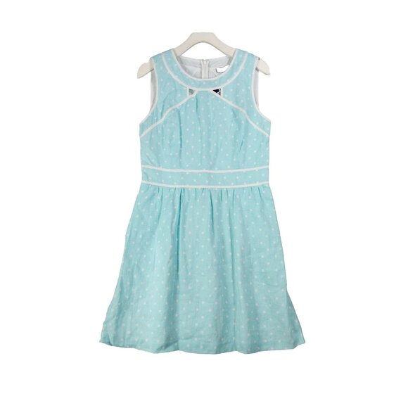 KAARI‎ BLUE Topaz Dot Spliced Dress SZ 12 Blue Linen Rockabilly Whimsical NEW - Picture 1 of 9
